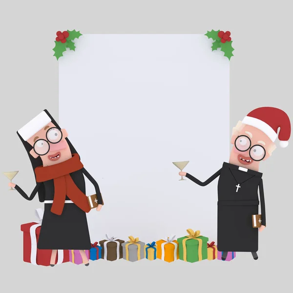 Nun and priest toasting banner.3d illustration. — Stock Photo, Image