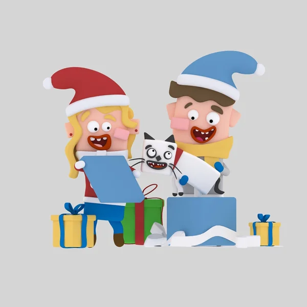 Kids opening gifts.3d illustration.