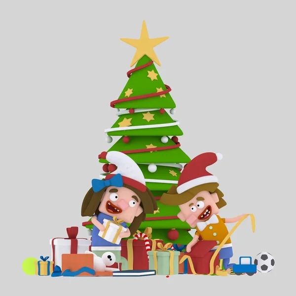 Niños abriendo regalos delante de la ilustración de Christmas Tree.3d . —  Fotos de Stock
