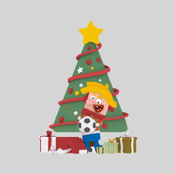 Blonder Junge öffnet Geschenke vor dem Weihnachtsbaum.. 3d Illustration. — Stockfoto