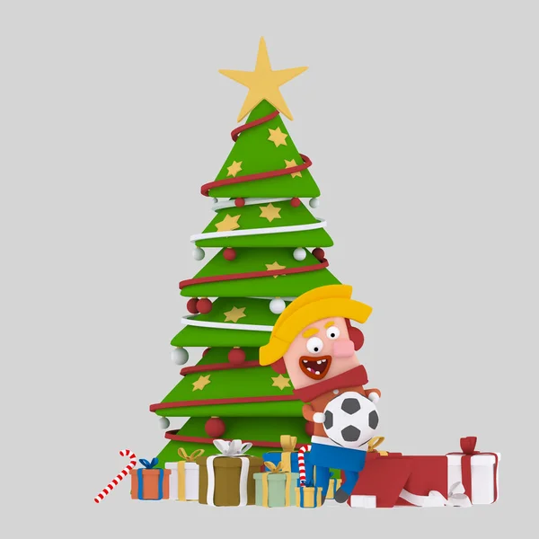 Niño regalos de apertura delante de un gran árbol de Navidad.. 3d ilustración . — Foto de Stock