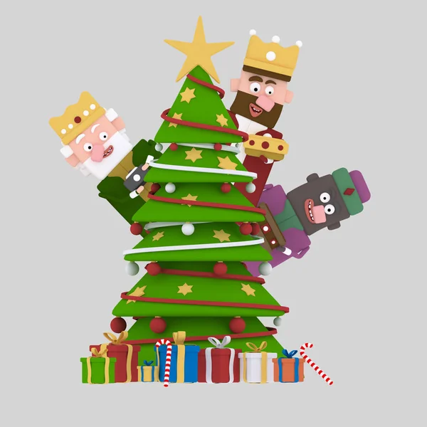 Reyes mágicos detrás del árbol de Navidad. ilustración 3d . — Foto de Stock