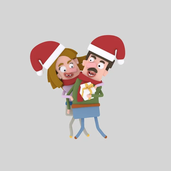 Happy Couple with xmas gift.3d illustration. — Stock Photo, Image