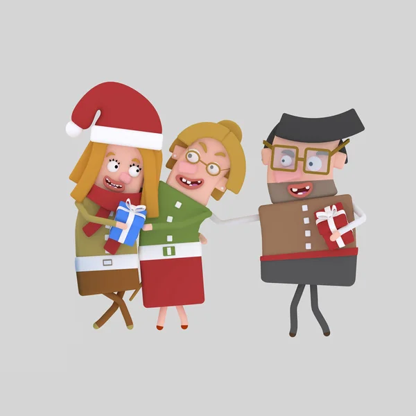 Happy family with xmas gift. 3d illustration. — Stock Photo, Image