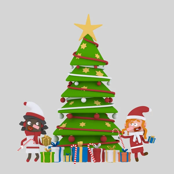 Kids decorating tree. 3d illustration.