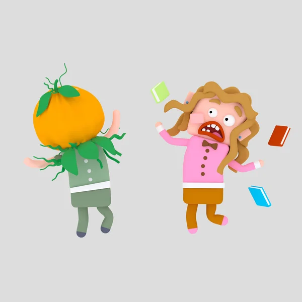 Ragazzo zucca spaventando ragazza.3d illustrazione . — Foto Stock