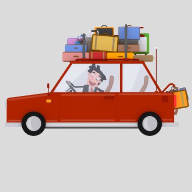 Adam ile luggage.3d illüstrasyon kırmızı araba