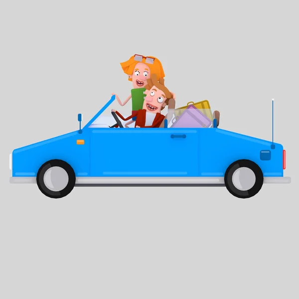 Пара закоханих водіння кабріолет синій автомобіль.3d ілюстрація — стокове фото