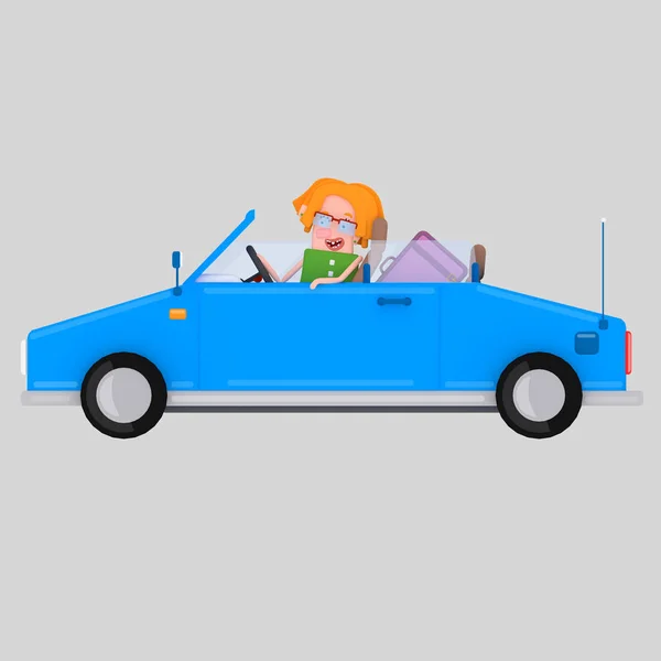 Дівчина за кермом кабріолет синій автомобіль.3d ілюстрація — стокове фото