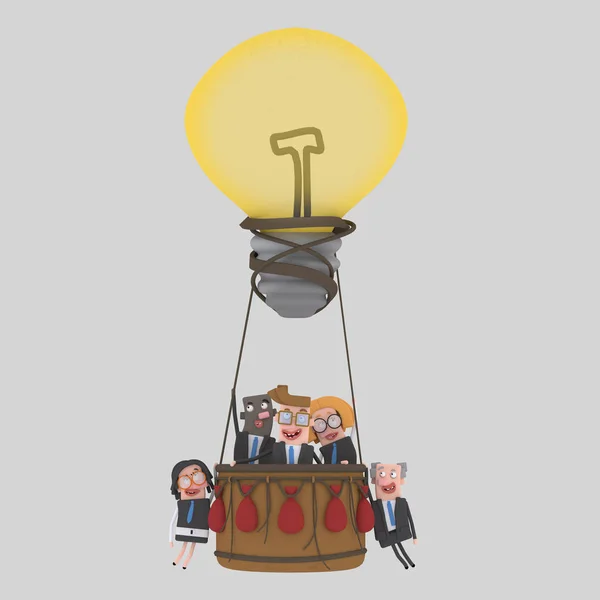 Business teamwork flying on aerostatic globe idea..3d illustration — Stock Photo, Image