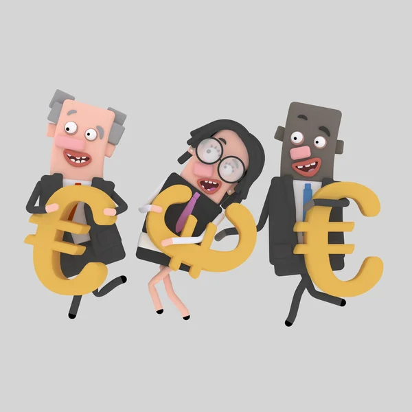 Business people running with money symbols.3d illustration