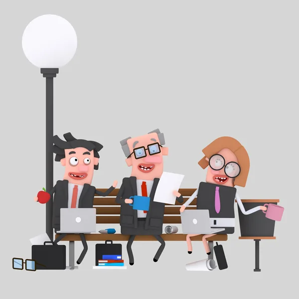 Trabalho de equipe de negócios almoçando em um parque bench.illustration 3d — Fotografia de Stock