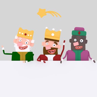 Üç sihirli Kral beyaz banner.3d illüstrasyon holding