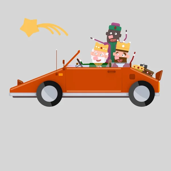 Reyes Magos siguiendo la estrella en un coche rojo. Ilustración 3d —  Fotos de Stock