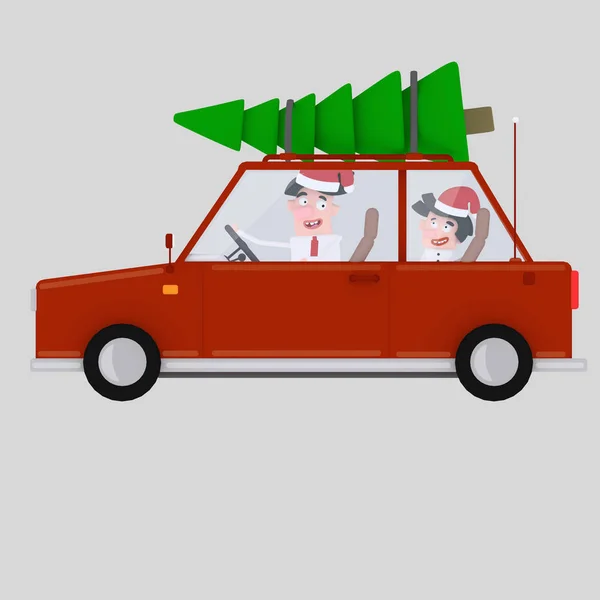 Vater Und Sohn Tragen Einen Baum Einem Roten Auto Illustration — Stockfoto