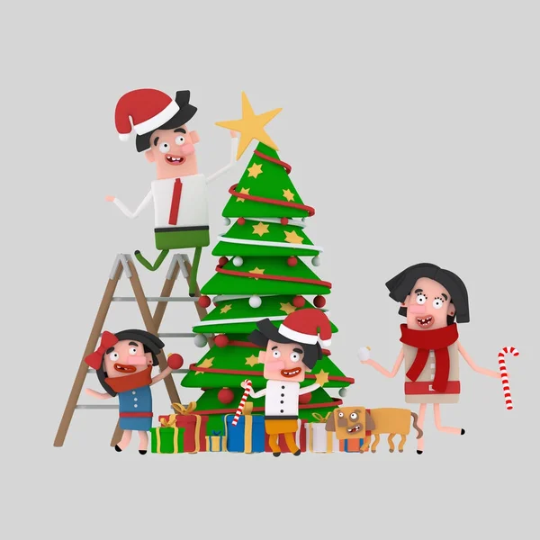 Ευτυχισμένη Οικογένεια Διακόσμηση Χριστουγεννιάτικο Δέντρο Εικονογράφηση — Φωτογραφία Αρχείου