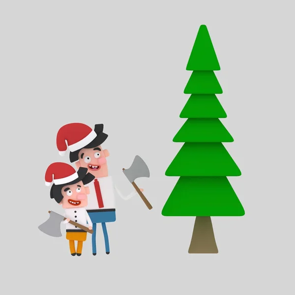 Father and son choosing a tree for Xmas .3d illustration