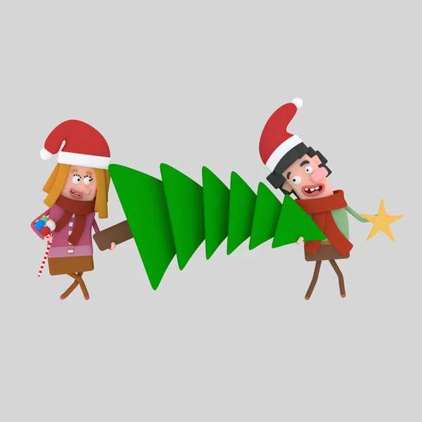 Pareja Feliz Llevando Árbol Para Ilustración Navidad —  Fotos de Stock