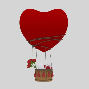 Aerostatic balon kalp aşk Saint Valentine ile. 3D çizim.