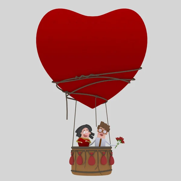 Couple  in love traveling  in Aerostatic Balloon Heart Love. Saint Valentine.. 3d illustration.