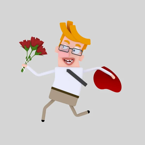 Hombre Corriendo Con Ramo Rosas Ilustración —  Fotos de Stock