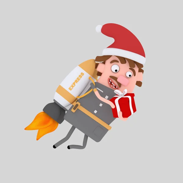 Christmas Mailman Håller Gåva Som Flyger Raket Illustration — Stockfoto