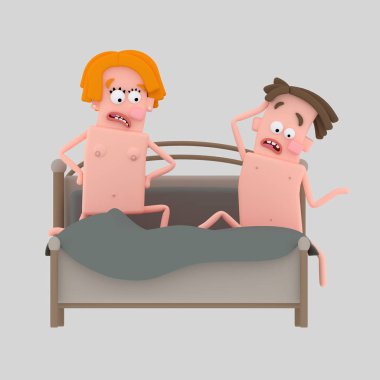 Endişeli çift yatakta. 3D çizim