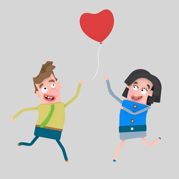 Casal Perseguindo Amor Balão Coração Ilustração — Fotografia de Stock