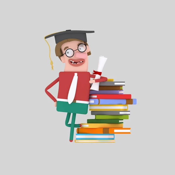 Afgestudeerde Jongen Leunend Een Stapel Boeken Illustratie — Stockfoto