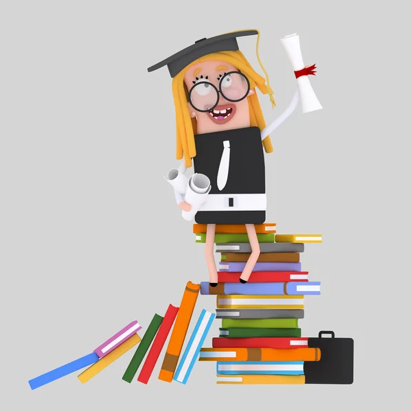 Graduate Girl Leaning Stack Books Illustration — Stock Photo, Image
