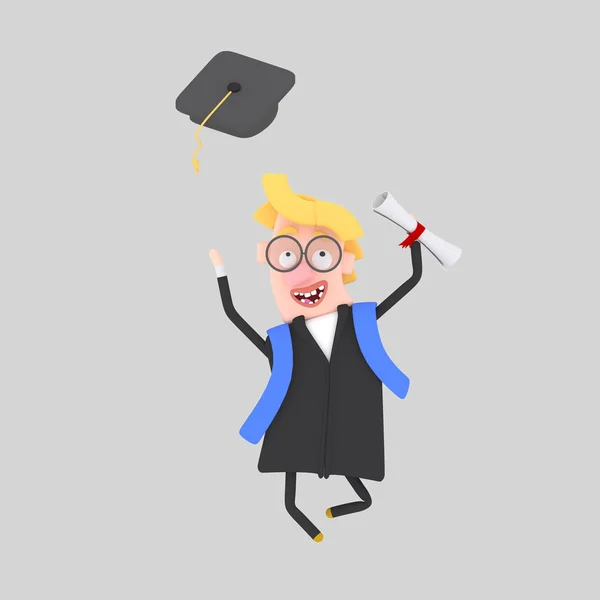 Graduate Blonde Boy Jumping His Cap Air Illustration — Stock Photo, Image