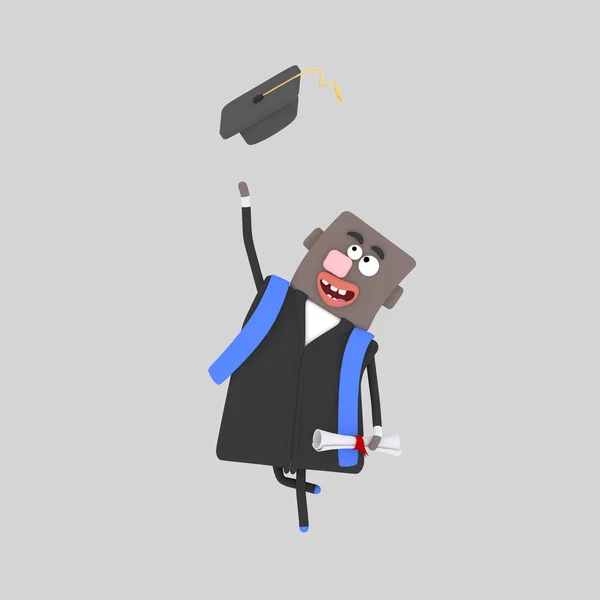 Graduate Black Man Jumping His Cap Air Illustration — Stock Photo, Image