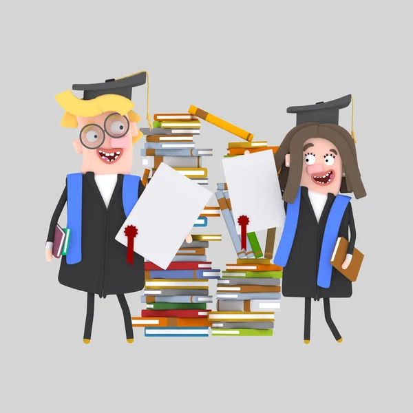 Couple Graduate Students Diploma Paper Front Mountain Books Illustration — Stock Photo, Image