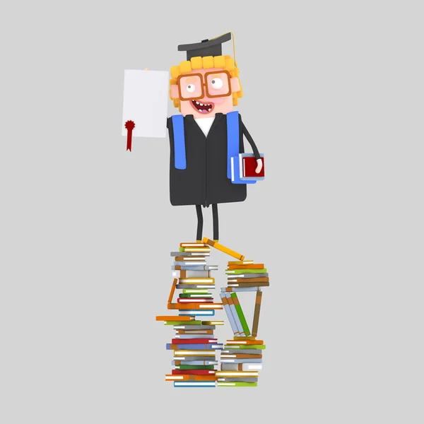Graduate boy with diploma paper on a mountain of   books . 3d illustration.