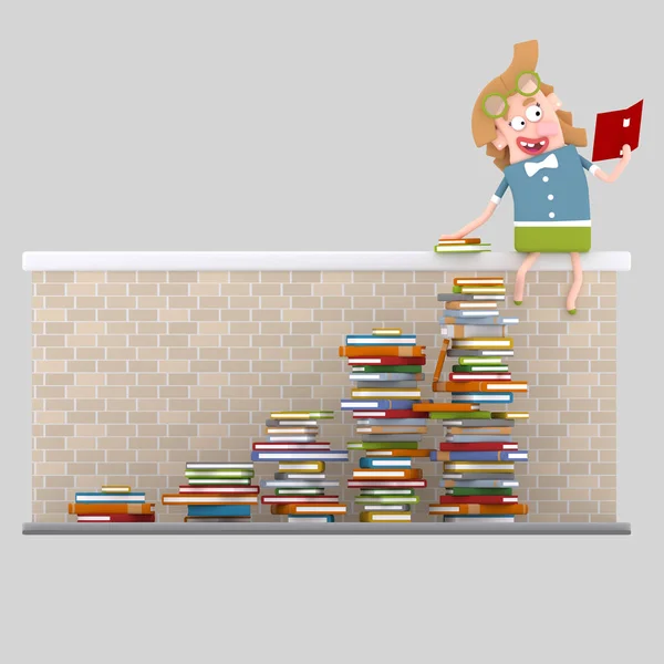Mädchen Mit Vielen Büchern Die Einer Wand Lesen Illustration — Stockfoto
