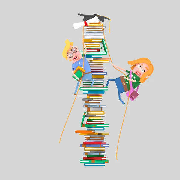 Students climbing mountain of books. 3d illustration.