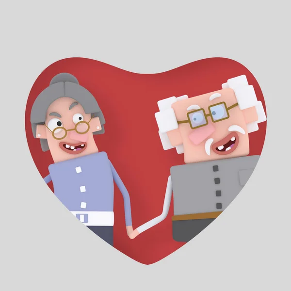 Grandparents couple posing inside red heart photocall. 3d illustration