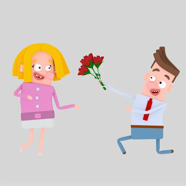 Man gifting a bouquet of roses. . 3d illustration