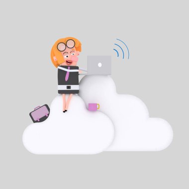 Bulutların üstünde çalışan iş kadın. 3D çizim. 