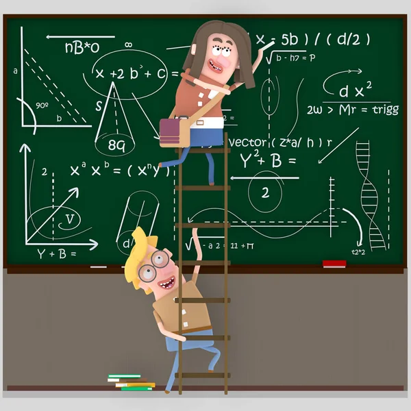 Couple Students Ladder Writing Chalkboard Illustration — Stock Photo, Image