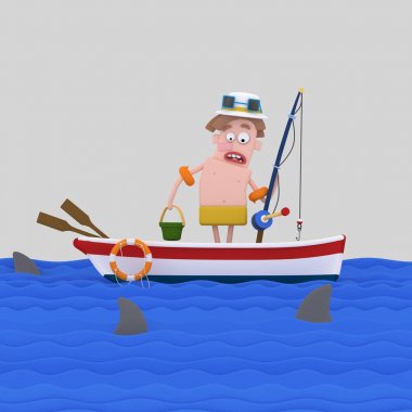 Adam bir teknede. 3D çizim