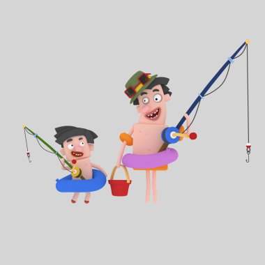 Baba ve oğul için balığa gidiyor. 3D çizim