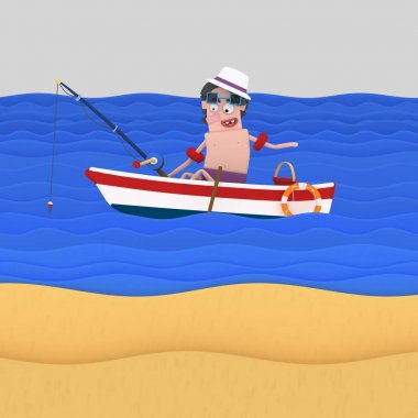 Adam bir sahilde Balık tutma. 3D çizim