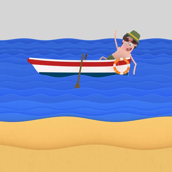 Man relaxing on a boat. 3d illustration