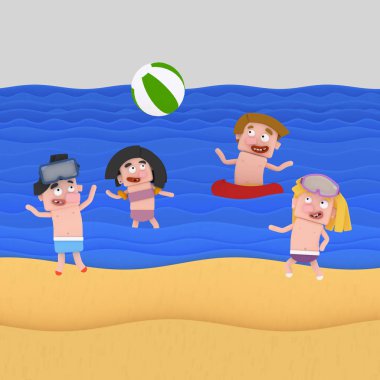 Top bir kumsalda oynarken çocuklar. 3D çizim