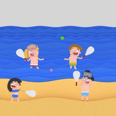 Çocuk bir kumsalda Tenis oynuyorsun. 3D çizim