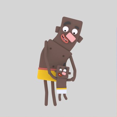 Baba ve oğul bir plajda. 3D çizim