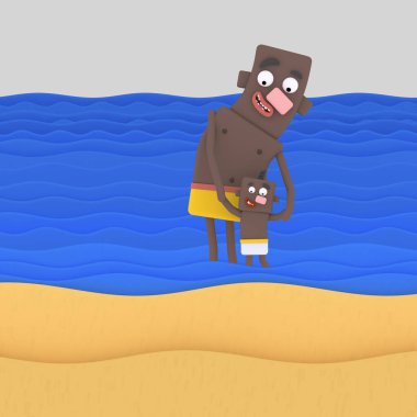 Baba ve oğul bir plajda. 3D çizim