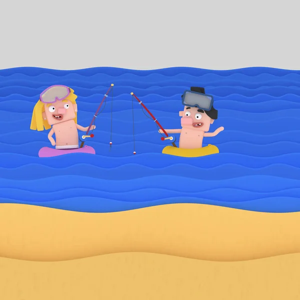 Kids Fishing Beach Illustration — Stock Photo, Image