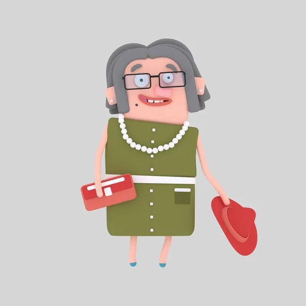 Old woman holding a red hat. 3d illustration.